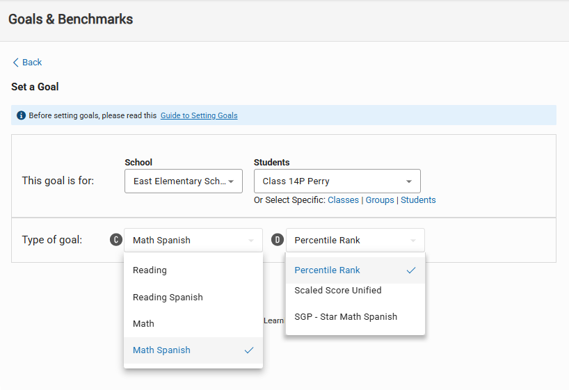 The Set a Goal Page: Math Spanish is the selected goal category, and Percentile
    Rank is the selected goal type.