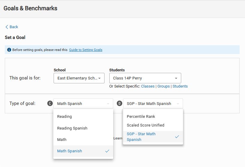 The Set a Goal Page: Math Spanish is the selected goal category, and SGP
    - Star Math Spanish is the selected goal type.