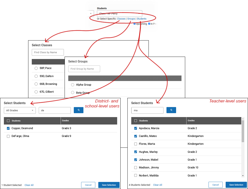 The pop-up windows to use when selecting a specific class, group, or students.