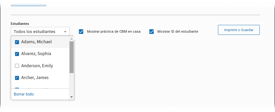 The Students drop-down list and Show CBM At-Home Practice checkbox.