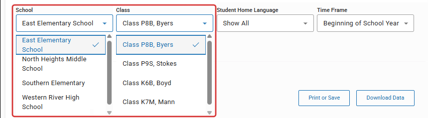 The School and Class drop-down lists.