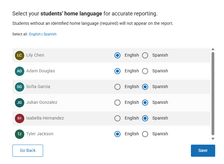 The home language selection window; the Go back and Save buttons are at the bottom.