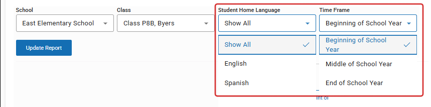 The Student Home Language and Time Frame drop-down lists.