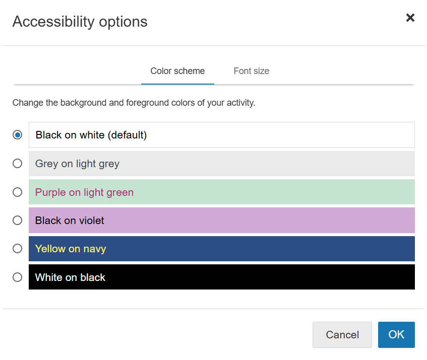 The available color schemes to choose from. The Cancel and OK buttons are at the bottom.