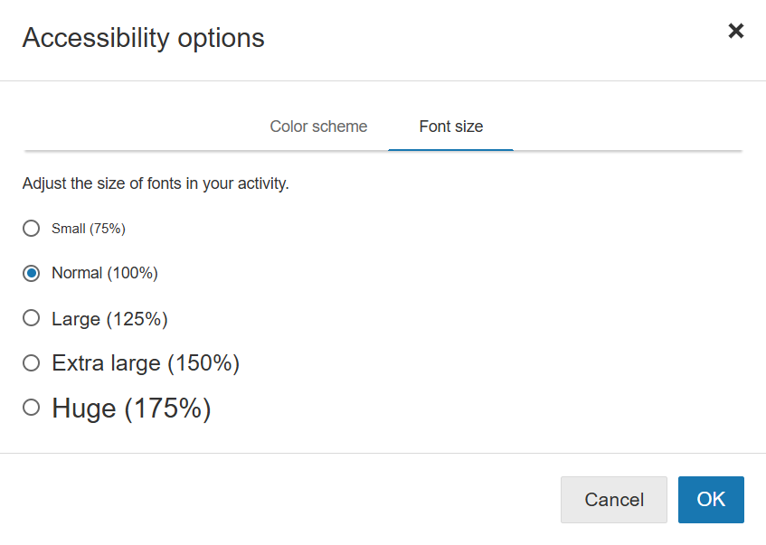 The available font sizes to choose from. The Cancel and OK buttons are at the bottom.