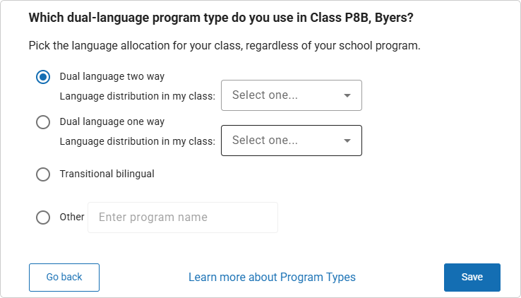 The language program window; the Go back and Save buttons are at the bottom.