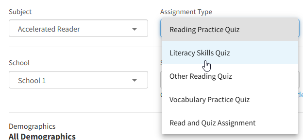 the Literacy Skills Quiz option