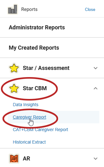 select Star CBM, then select Caregiver Report