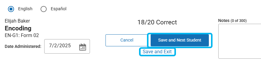 the Save and next Student button and the Save and Exit option