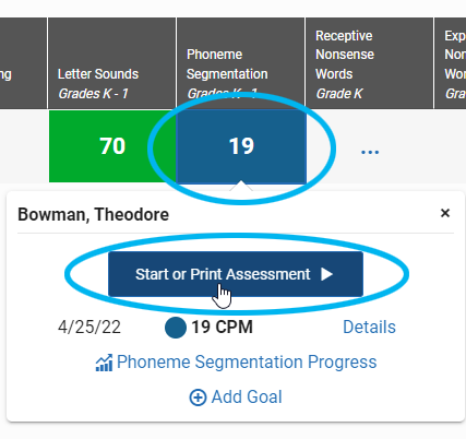 select a score; then, select Start or Print Assessment